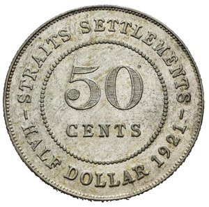 reverse: STRAITS SETTLEMENTS. Giorgio V. 50 cents 1921 H. Ag. Segni di pulizia nei campi. SPL