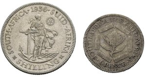 reverse: SUDAFRICA. Giorgio V. Lotto di 2 monete. Shilling 1936 - 6 Pence 1929. MB-BB