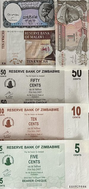 obverse: AFRICA. Lotto di 6 banconote. Egitto, Zimbabwe, Malawi, Zaire. FDS