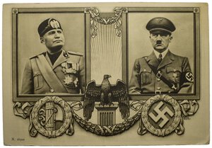 obverse: Ventennio Fascista (1922-1943). Benito Mussolini. Cartolina 1938 anno XVI con Adolf Hitler 