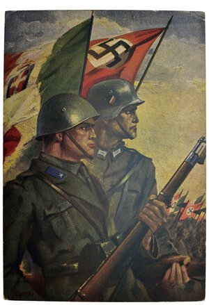 obverse: Ventennio Fascista (1922-1943). Benito Mussolini. Cartolina propaganda di guerra. WW2. 