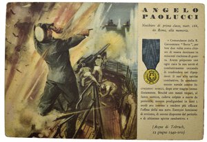 obverse: Ventennio Fascista (1922-1943). Benito Mussolini. Cartolina serie delle medaglie d oro della seconda guerra mondiale. Angelo Paolucci, Nocchiere di prima classe, da Roma alla memoria.