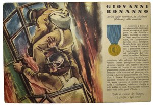 obverse: Ventennio Fascista (1922-1943). Benito Mussolini. Cartolina serie delle medaglie d oro della seconda guerra mondiale. Giovanni Bonanno, Aviere scelto motorista, da Misilmeri (Palermo) alla memoria.