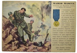 obverse: Ventennio Fascista (1922-1943). Benito Mussolini. Cartolina serie delle medaglie d oro della seconda guerra mondiale. Mario Mascia, Sottotenente 90° Reggimento fanteria, Comandante di plotone Arditi, da Salerno alla memoria