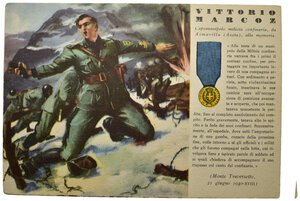 obverse: Ventennio Fascista (1922-1943). Benito Mussolini. Cartolina serie delle medaglie d oro della seconda guerra mondiale. Vittorio Marcoz, Capomanipolo milizia confinaria, da Aimavilla (Aosta) alla memoria.