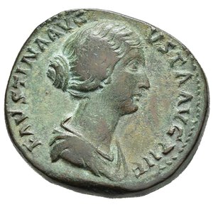 obverse: FAUSTINA II (Figlia di Antonino Pio). Roma. Sesterzio. 147-150. AE (24,16 g). D/ FAVSTINA AVG PII AVG FIL, busto drappeggiato a destra; R/ S-C, Artemide regge una freccia, arco poggiato a terra; RIC III 1383. mBB. nr.reg.601/24