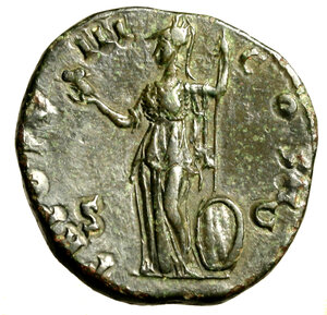 reverse: MARC AURELIO Cesare (139-161) Sesterzio. Busto a ds. R/ Minerva stante a sn.con lancia, scudo e globo sormontato da vittoria. C. 678; RIC 1321. (g. 20,60)   AE   +BB