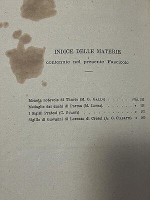 reverse: A.A.V.V. - Periodico di numismatica e sfragistica per la storia d Italia , diretto dal March. Carlo Strozzi. Firenze, 1872; anno IV (fascicolo IV). Indice: Moneta notevole di Thurio (M. G. GALLO); Medaglie dei duchi di Parma (M. LOPEZ); I Sigilli Pratesi (C. GUASTI); Sigillo di Giovanni di Lorenzo di Cresci (A. G. CIABATTI). 2 tavole. 