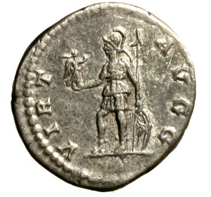 reverse: SETTIMIO SEVERO (193-211) Denario. Testa laur. a ds. R/ Imperatore elmato a sn. con lancia, scudo e globo sormontato da vittoria. RIC 171.    AR     RARO   +BB