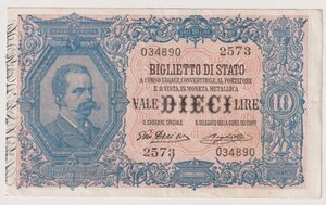 obverse: Esercito Italiano / Ordinanza Diaz - 10 Lire Vittorio Emenuele III del 11/10/1915 - 2573 034890. La banconota è corredata di perizia. Rif. Gig. E4 (Ord. 1918)  RRRR qSPL