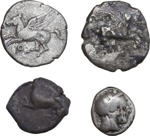 obverse: Greek World, Continental Greece. Lot of four (4) unclassified AR denominations, including: Athens and Corinth