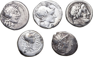 obverse: The Roman Republic. Lot of five (5) unclassified AR denarii