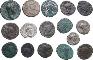 obverse: The Roman Empire. Lot of sixteen (16) unclassified AR and AE denominations. Noted portraits: Hadrian, Probus, Claudius II, Trajan Decius, Gallienus, Septimius Severus