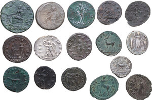 reverse: The Roman Empire. Lot of sixteen (16) unclassified AR and AE denominations. Noted portraits: Hadrian, Probus, Claudius II, Trajan Decius, Gallienus, Septimius Severus