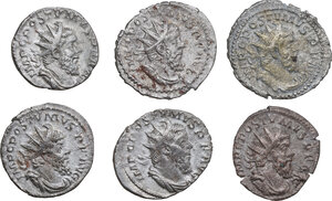 obverse: The Roman Empire. Postumus. Lot of six (6) unclassified Antoniniani, including reverses with: Pax, Victory, Moneta, Fides and Virtus