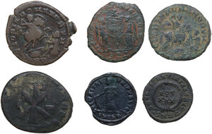 reverse: The Roman Empire. Multiple lot of six (6) bronze roman coins, including Magnentius, Helena and Constantine I