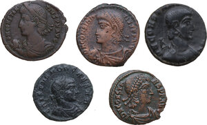 obverse: The Roman Empire. Lot of five (5) unclassified AE denominations of the 4th century AD, including: Constantius II and Constans