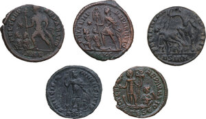 reverse: The Roman Empire. Lot of five (5) unclassified AE denominations of the 4th century AD, including: Constantius II and Constans