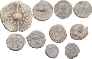 obverse: Leads from Ancient and Medieval World. Lot of ten (10) pieces, containing one (1) seal and nine (9) tesserae with different pictures and symbols