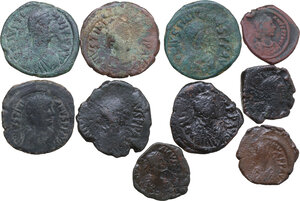 obverse: The Byzantine Empire. Lot of ten (10) unclassified AE denominations, noted emperors: Justin and Justinian