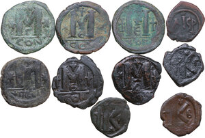 reverse: The Byzantine Empire. Lot of ten (10) unclassified AE denominations, noted emperors: Justin and Justinian