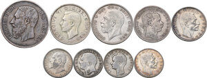 obverse: World Coins. Lot of nine (9) unclassified AR denominations, noted rulers: Leopold II of Belgium, George V and George VI of Great Britain, Franz Josef of Hungary, Peter I of Serbia, Ferdinand I of Bulgaria, Milan I of Serbia, Alexander I of Serbia