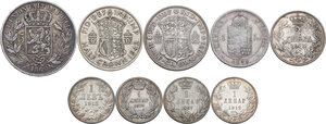 reverse: World Coins. Lot of nine (9) unclassified AR denominations, noted rulers: Leopold II of Belgium, George V and George VI of Great Britain, Franz Josef of Hungary, Peter I of Serbia, Ferdinand I of Bulgaria, Milan I of Serbia, Alexander I of Serbia