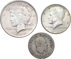 obverse: World Coins. Lot of three (3) unclassified AR denominations, including USA 1924 and 1965, and Italy 1863