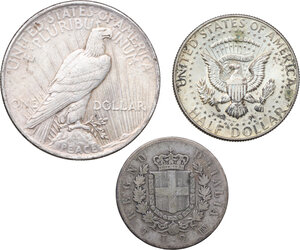 reverse: World Coins. Lot of three (3) unclassified AR denominations, including USA 1924 and 1965, and Italy 1863