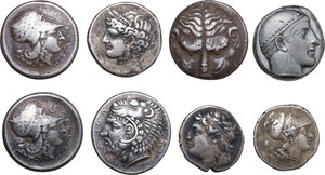 obverse: Greek World. Lot of eight (8) modern replicas of unclassified AR denominations. Noted cities: Syracuse, Katane, Rhegion, Ainas, Punic Entella