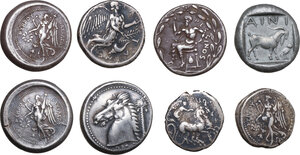 reverse: Greek World. Lot of eight (8) modern replicas of unclassified AR denominations. Noted cities: Syracuse, Katane, Rhegion, Ainas, Punic Entella