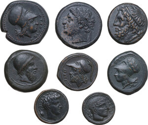 obverse: Greek Sicily. Lot of eight (8) modern replicas of unclassified AE denominations. Noted cities: Aetna, Syracuse, Lipara, Mamertinoi, Gela, Leontinoi