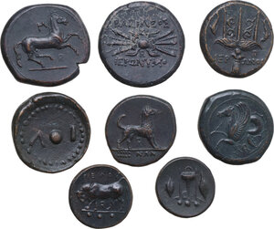 reverse: Greek Sicily. Lot of eight (8) modern replicas of unclassified AE denominations. Noted cities: Aetna, Syracuse, Lipara, Mamertinoi, Gela, Leontinoi