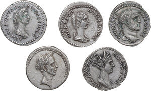 obverse: The Roman Empire. Lot of five (5) modern replicas of unclassified AR denominations. Noted portraits: Domitia, Manlia Scantilla, Marciana, Diocletian