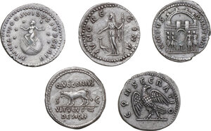 reverse: The Roman Empire. Lot of five (5) modern replicas of unclassified AR denominations. Noted portraits: Domitia, Manlia Scantilla, Marciana, Diocletian