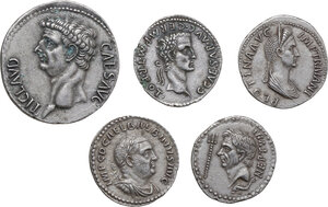 obverse: The Roman Empire. Lot of five (5) modern replicas of unclassified AR denominations. Noted portraits: Claudius, Caligula, Plotina, Balbinus