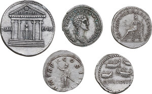 reverse: The Roman Empire. Lot of five (5) modern replicas of unclassified AR denominations. Noted portraits: Claudius, Caligula, Plotina, Balbinus