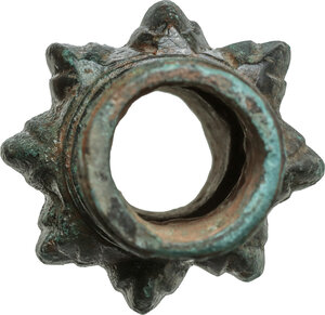 reverse: LURISTAN BRONZE SCEPTRE Iran, Luristan Culture, c. 8th century BC. Important bronze scepter or mace head, with tubular cross-section. In the middle part are eight knobs. Dimensions: 112 x 52 mm