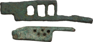 obverse: TWO ROMAN PADLOCKS Roman period, c. 1st to 3rd century AD. Lot of two roman bronze lock patches. Lenghts: 70 and 47 mm