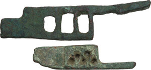 reverse: TWO ROMAN PADLOCKS Roman period, c. 1st to 3rd century AD. Lot of two roman bronze lock patches. Lenghts: 70 and 47 mm