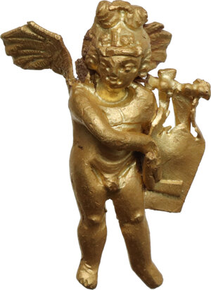 obverse: GOLD ROMAN EROS Small figure of Eros or Cupid playing a kithara or lyre in solid gold. Embellishment or part of jewellery. Dimensions: 23x18x8 mm Weight: 2.57 g