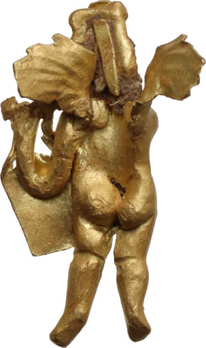 reverse: GOLD ROMAN EROS Small figure of Eros or Cupid playing a kithara or lyre in solid gold. Embellishment or part of jewellery. Dimensions: 23x18x8 mm Weight: 2.57 g