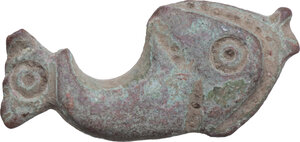 obverse: FISH SHAPED FIBULA Roman period, c. 2nd century AD. Bronze fish-shaped fibula, with well rendered details and fancy style. Dimensions: 28 x 13 mm