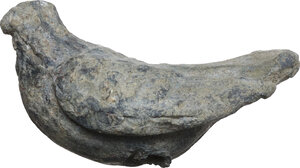 obverse: ROMAN LEAD BIRD FIGURINE Roman period, c. 1st-3rd century AD. Roman lead figurine configured as a bird (eagle?). There are two circular holes at the bottom, perhaps to allow mounting on a stand. Dimensions: 42x27 mm. Weight: 59.60 g