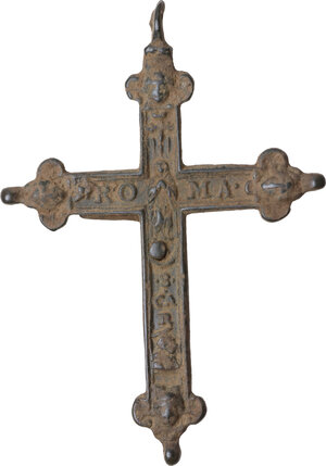 reverse: BRONZE CRUCIFIX Italy, c. 1700 AD. Bronze crucifix composed of two parts, the cross and the Christ. On the upper front part the letters INRI, behind RO-MA and S/CA/R. On both sides, at the end of each arm, a saint s head. Dimensions: 52.5 x 37 mm