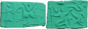 reverse: TWO CYLINDER SEALS AND A CABOCHON. Modern revivals. Lot of two stone cylinder seals both depicting hunting scenes and a carnelian cabochon depicting a seated woman with a chalice. Heights: 36, 35 and 24 mm. Width: 19, 16.5 and 21 mm