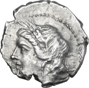 obverse: Bruttium, Carthaginians in South-West Italy. AR Quarter Shekel, c. 215-205 BC. Second Punic War issue. Uncertain Punic mint in Bruttium (Lokris?)