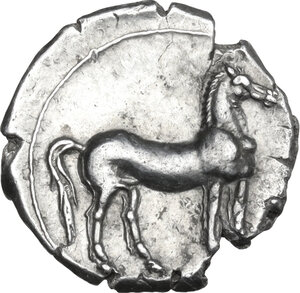 reverse: Bruttium, Carthaginians in South-West Italy. AR Quarter Shekel, c. 215-205 BC. Second Punic War issue. Uncertain Punic mint in Bruttium (Lokris?)