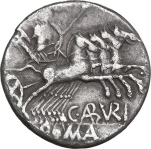 reverse: C. Aburius Geminus. AR Denarius, 134 BC