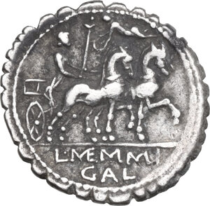 reverse: L. Memmius Galeria. AR Denarius serratus, 106 BC